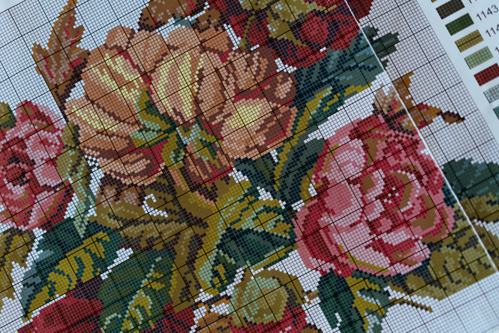Close-up of a cross-stitch floral pattern